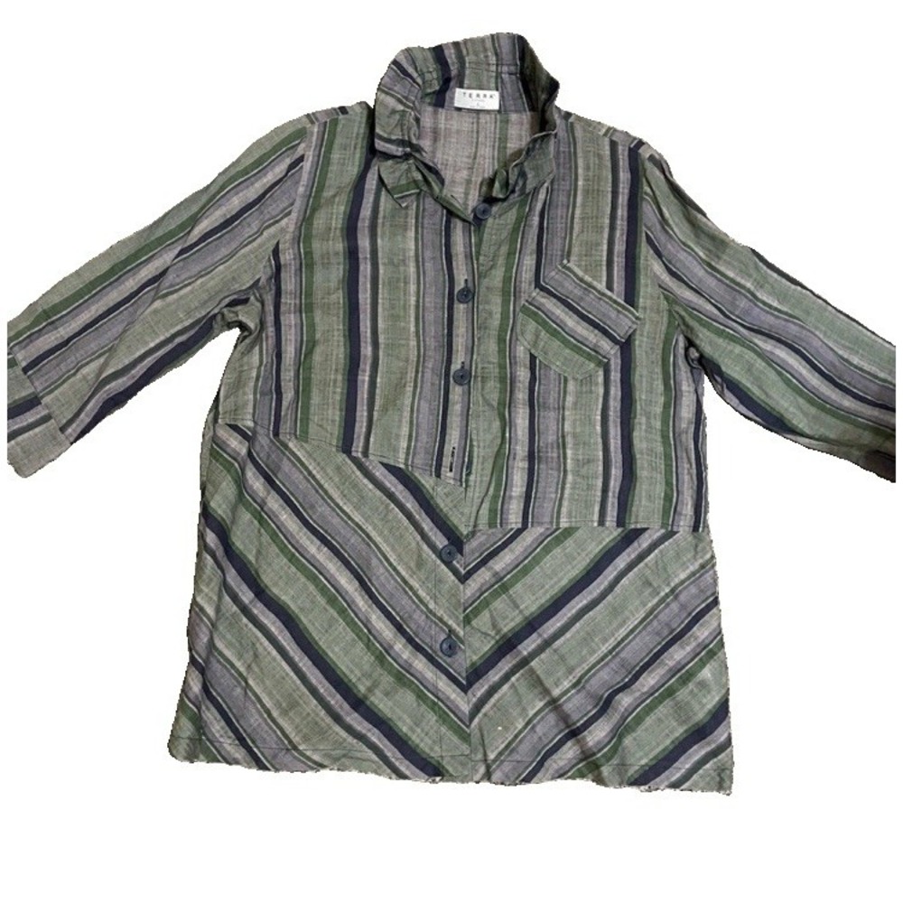 Terra SJ Apparel Blouse Women S Green Striped Wire Ruffle‎ Collar T4099N